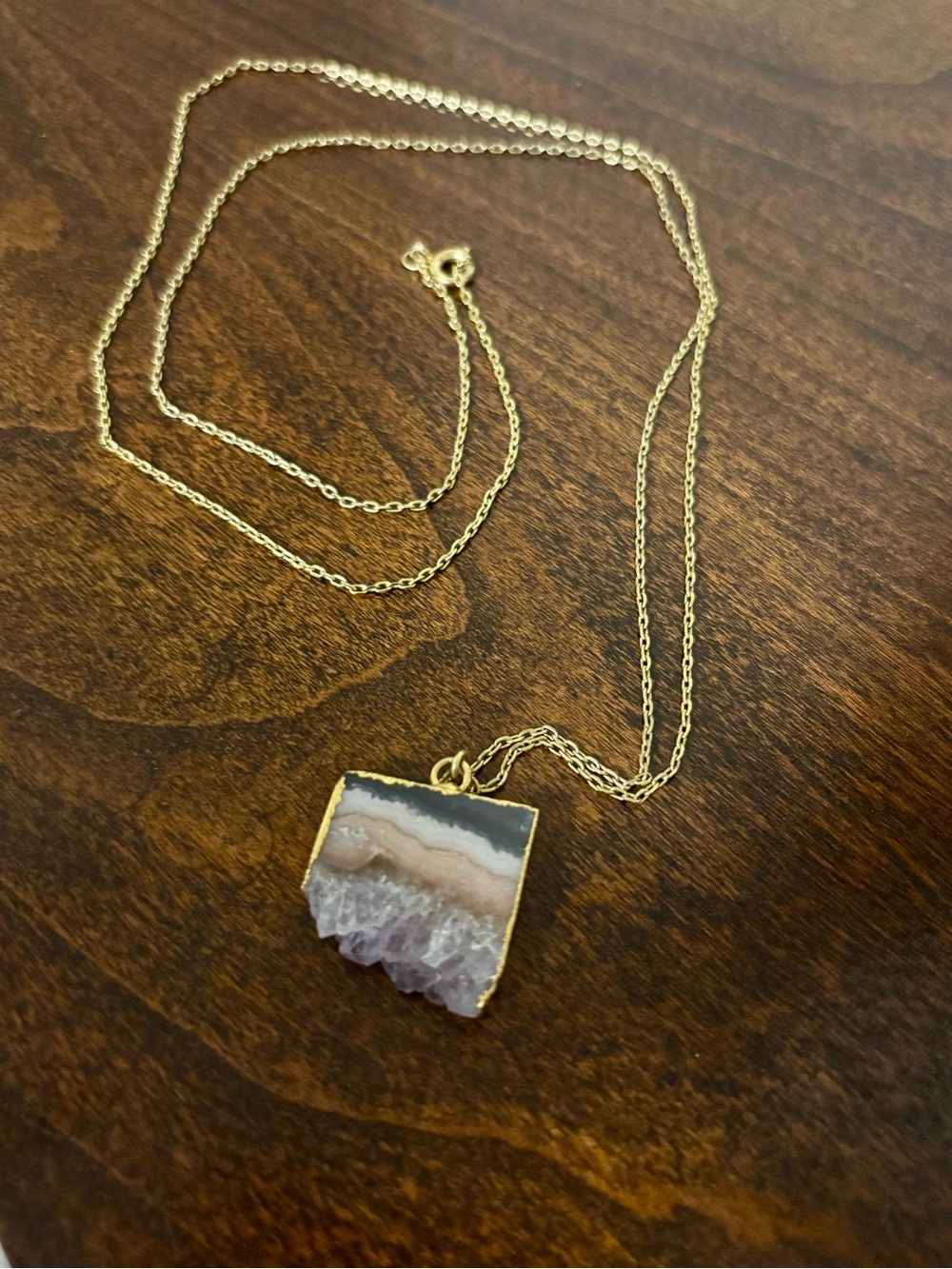 Gold-Plated Lavender Agate Slice Necklace - Elegant Layering Pendant